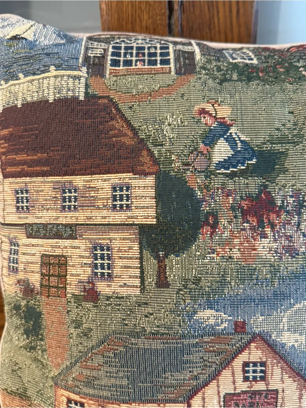 VTG Seaside Americana Town Embroidered Tapestry Granny Cottage Throw Pillow